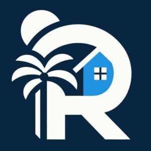 Reverb Property Management Logo - Palm Tree Sunrise Logo in R shape with house